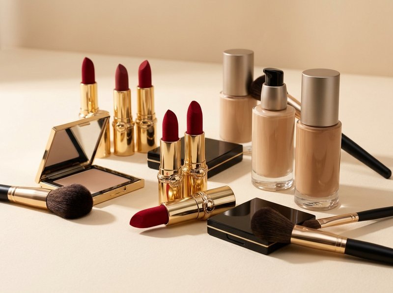 Color cosmetics, velvet lipsticks, compacts, and liquid foundations